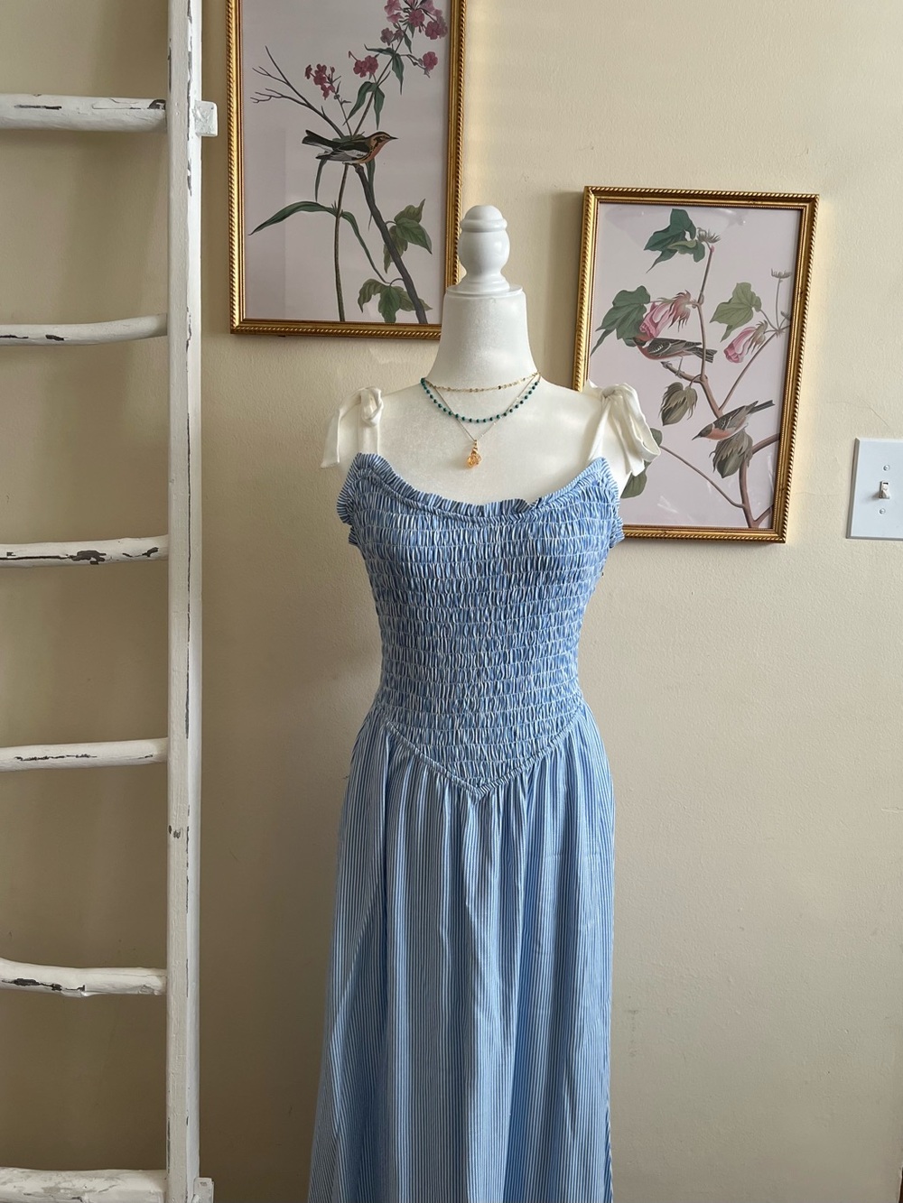 Sienna Sky Light Blue Smocked Maxi Dress with Cream Tie Straps
